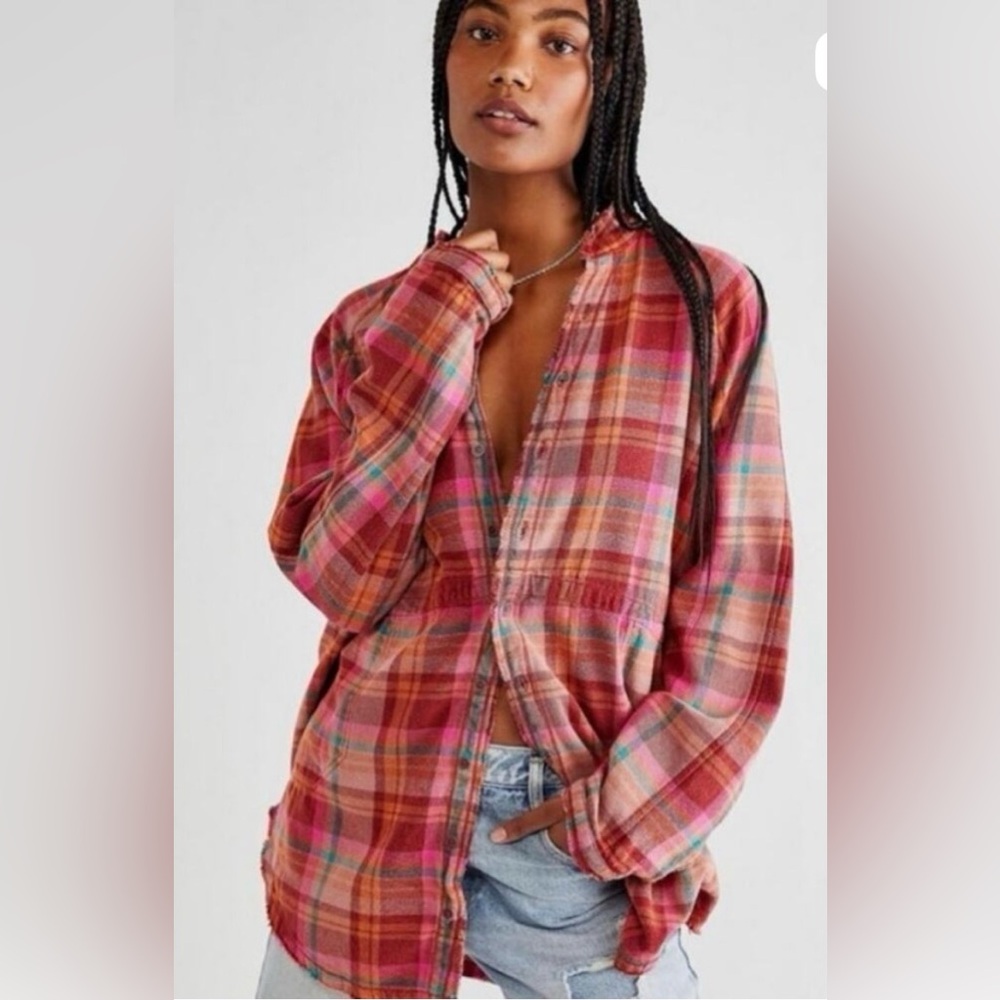 Free People We The Free Summer Day Dream Plaid Button Down Oversized Top‎